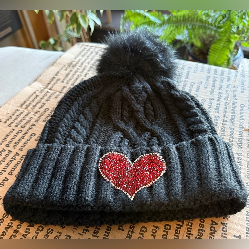 Red Heart / Black Knit Beanie 
Hand crafted  by Heidi